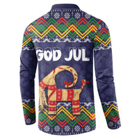 Navy button-up sweatshirt with 'God Jul' on back and striped goat graphic, long sleeves