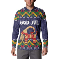 Navy holiday button sweatshirt with multicolor yoke pattern, 'God Jul' and goat graphic