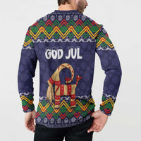 Navy holiday button sweatshirt from back with 'God Jul' and goat graphic