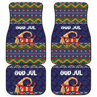 Dark blue Christmas car mat set with folk goat design and 'GOD JUL' text