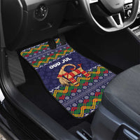 Dark blue rear car floor mat with folk goat motif and zigzag border; 'GOD JUL'