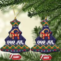 Set of two dark blue Christmas tree–shaped ceramic ornaments with goat and “GOD JUL” text