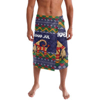 Dark blue lavalava shorts with colorful Nordic folk pattern and goat Christmas print