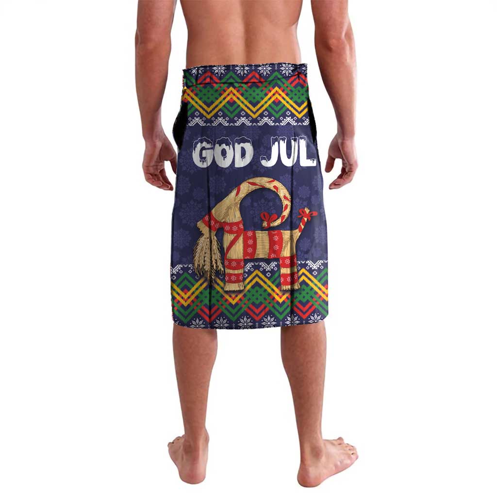 Dark blue lavalava with 'God Jul' text, colorful border, and goat illustration