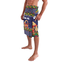 Dark blue lavalava with multicolor Nordic zigzag patterns and goat Christmas scene