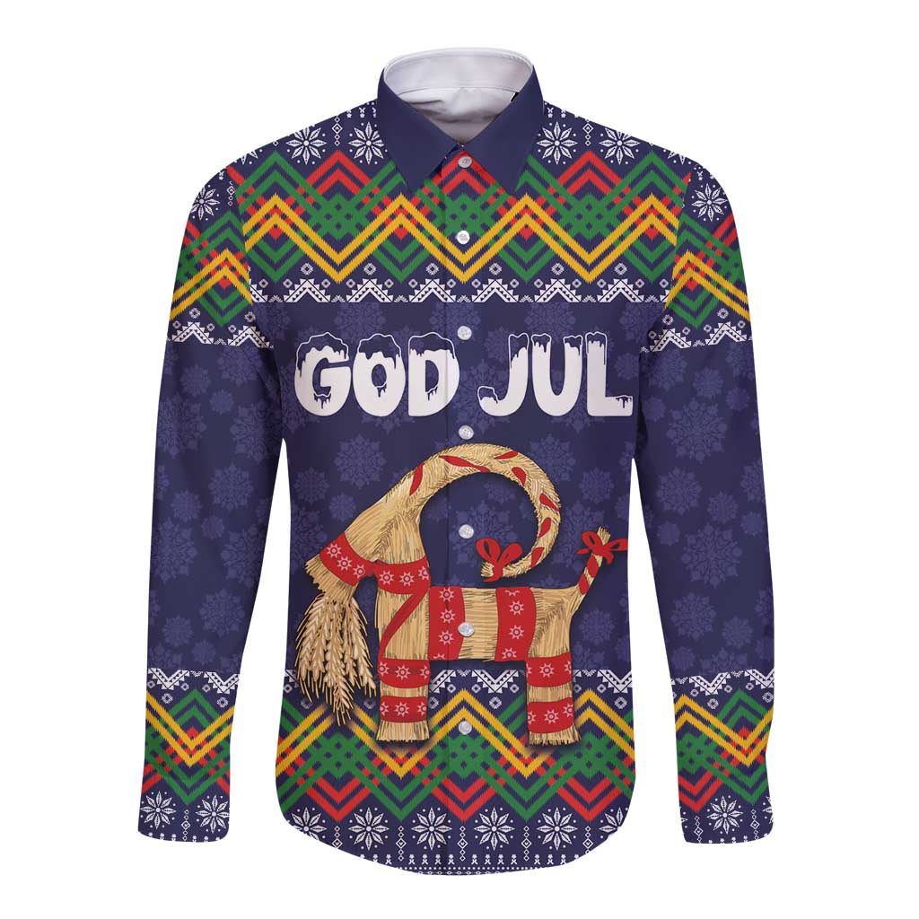 Dark blue long-sleeve button shirt with folk pattern and goat 'God Jul' graphic, front