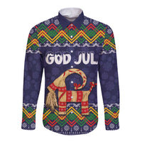 Dark blue long-sleeve button shirt with folk pattern and goat 'God Jul' graphic, front