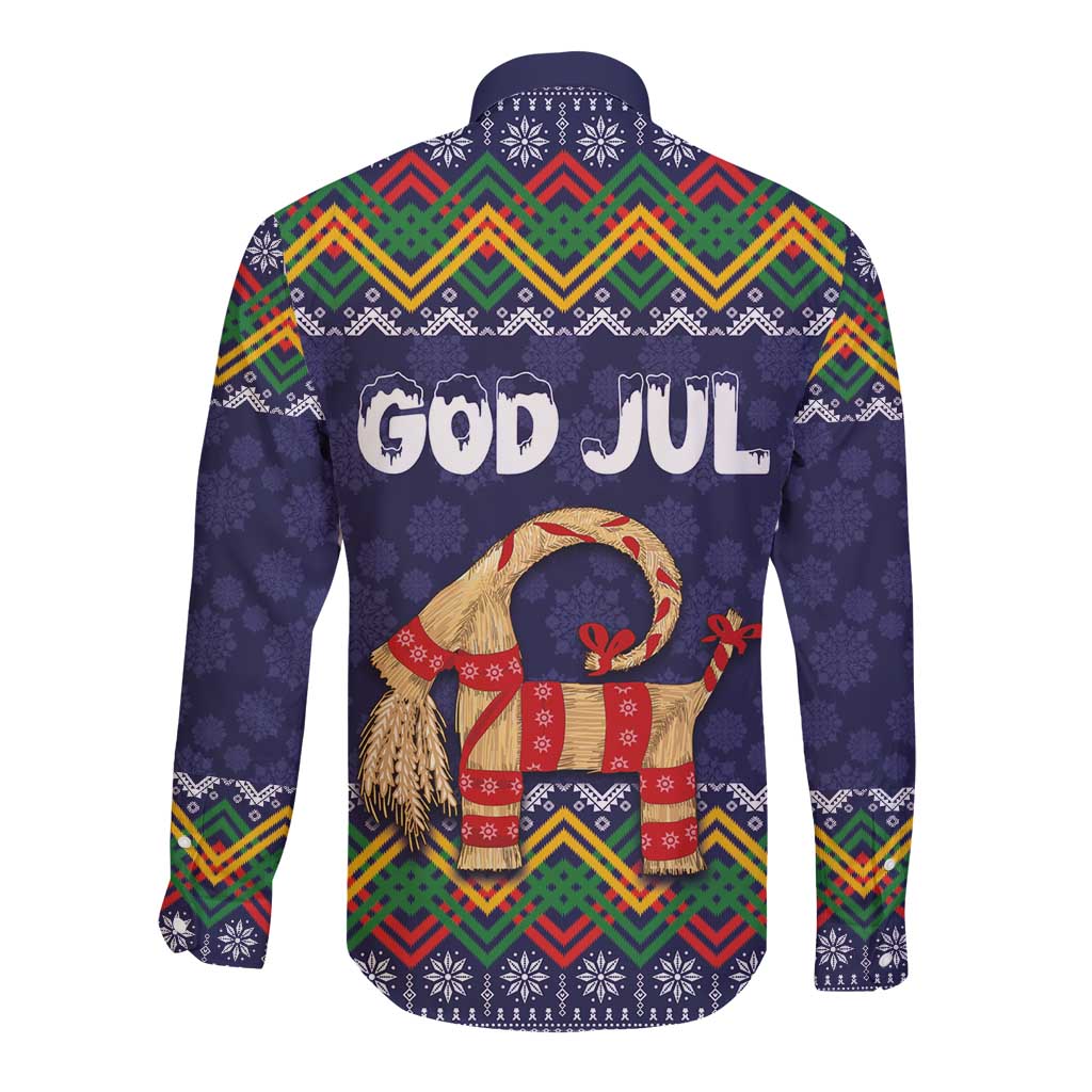 Dark blue long-sleeve button shirt with folk pattern and goat 'God Jul' graphic, back