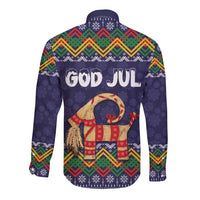 Dark blue long-sleeve button shirt with folk pattern and goat 'God Jul' graphic, back