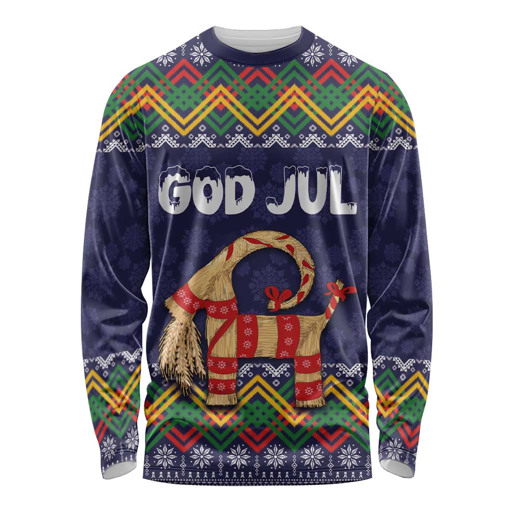 Unisex dark blue long-sleeve Christmas shirt with God Jul text, goat graphic, folk pattern