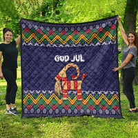Dark blue quilt with “God Jul” and a decorated goat, multicolor Scandinavian zigzag border