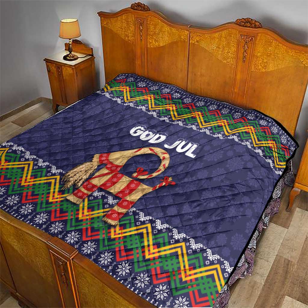 Scandinavian Yule Goat Christmas quilt in dark blue with folk pattern and God Jul