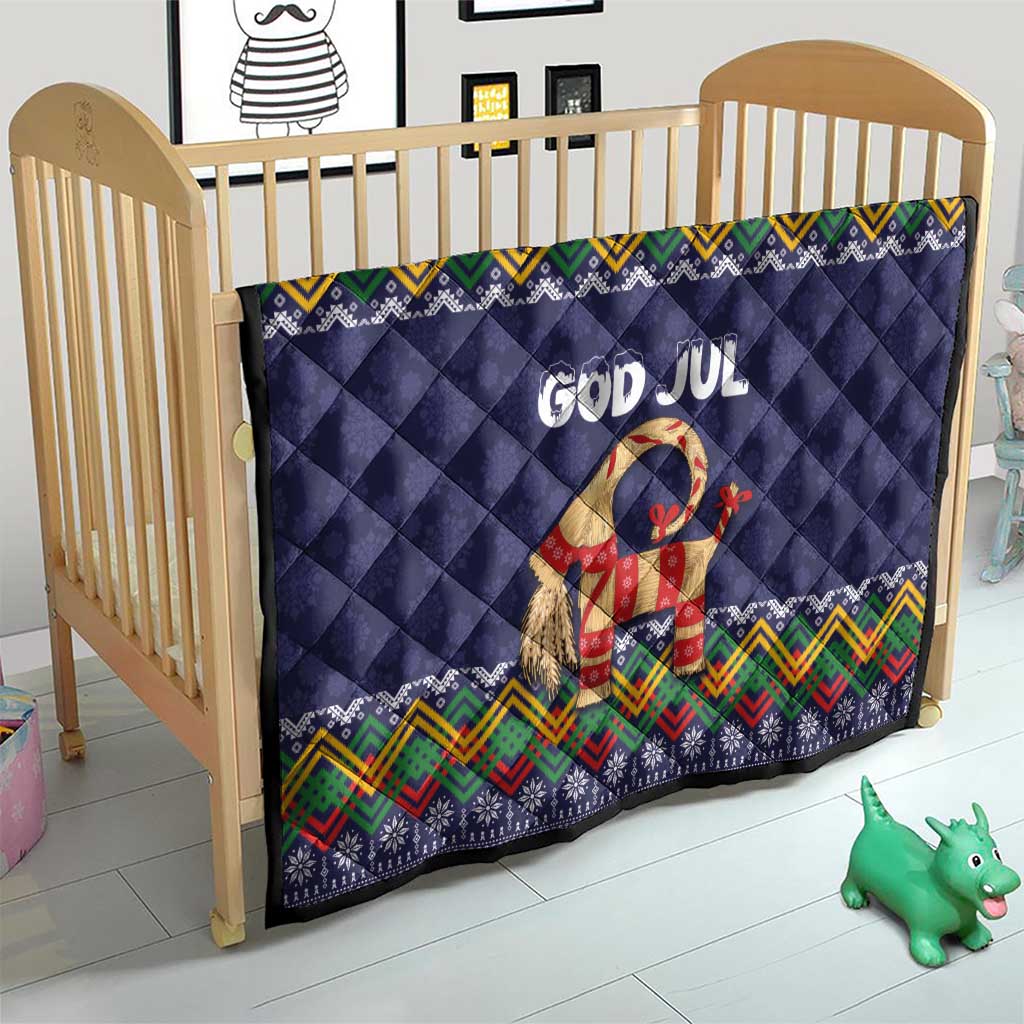 Dark blue crib quilt with “God Jul” and goat motif, multicolor Scandinavian zigzag trim
