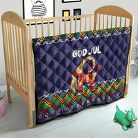 Dark blue crib quilt with “God Jul” and goat motif, multicolor Scandinavian zigzag trim