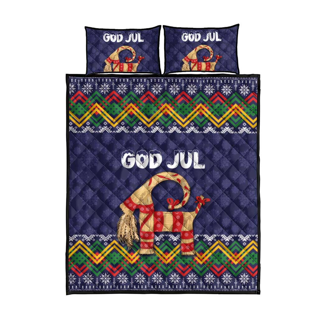 Dark blue quilt bed set with two pillows, central goat design, zigzag folk border