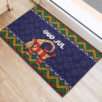 Dark blue Christmas rubber doormat with God Jul text, goat figure, and colorful zigzag edge
