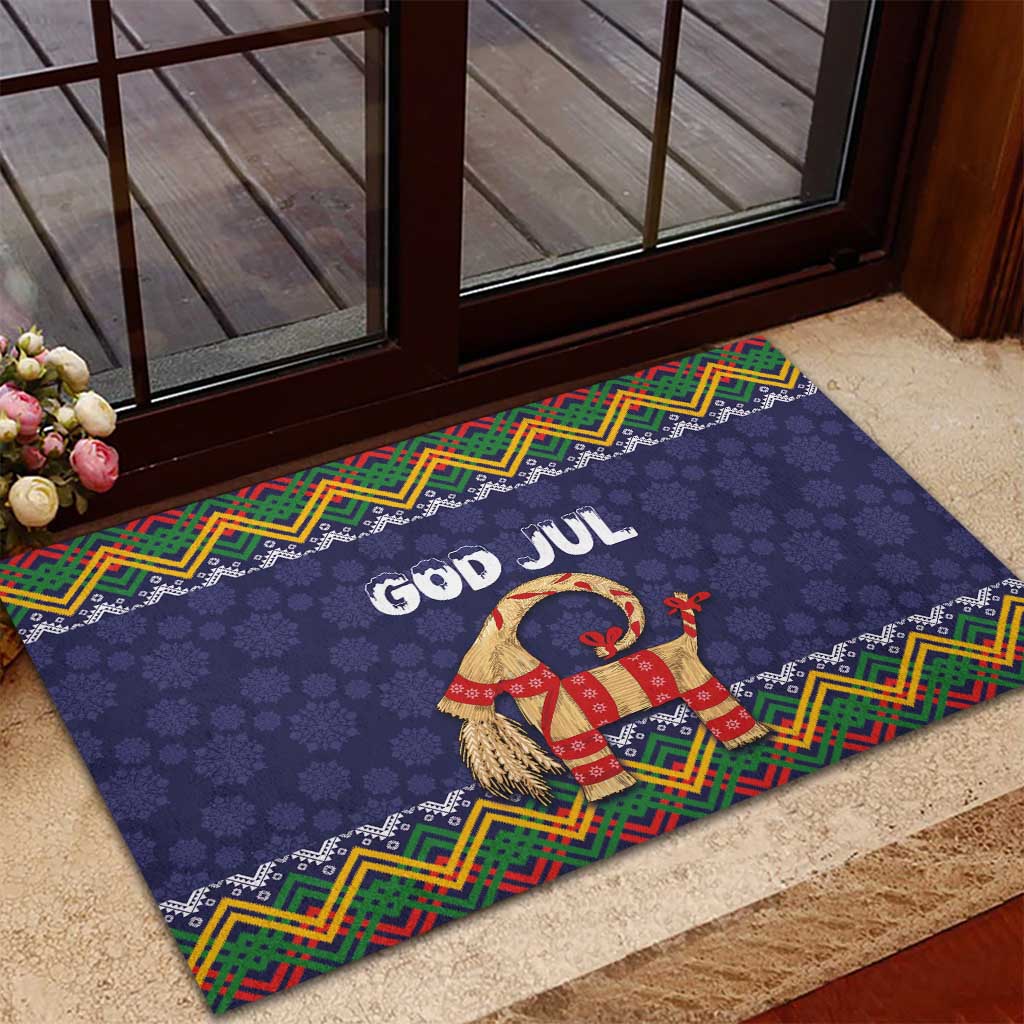 Dark blue Christmas rubber doormat with God Jul goat design and multicolor border on step