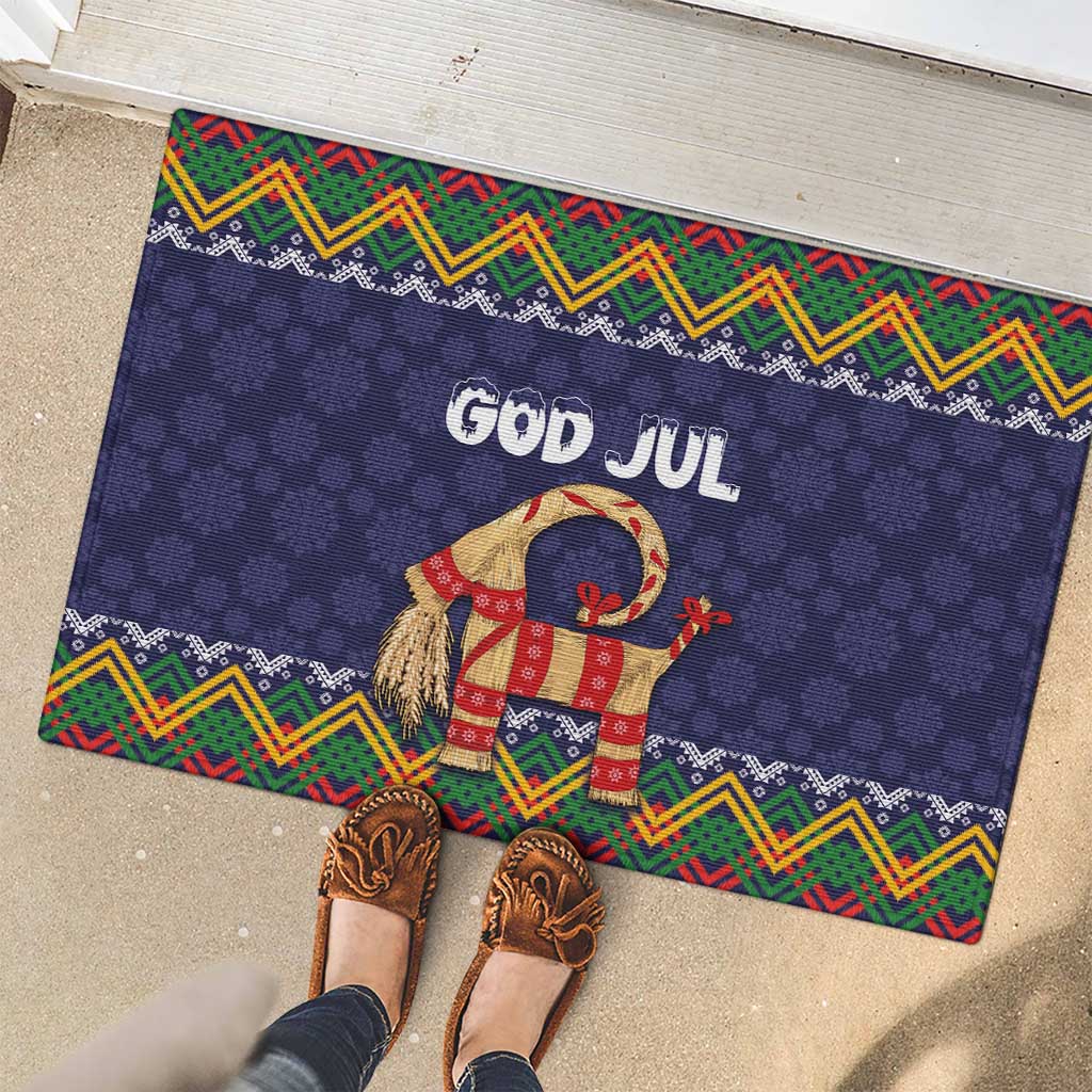 Dark blue Christmas rubber doormat with God Jul goat figure and red-green folk border