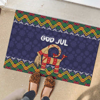 Dark blue Christmas rubber doormat with God Jul goat figure and red-green folk border