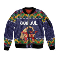 Unisex dark blue bomber jacket, zip front, goat 'God Jul' folk pattern