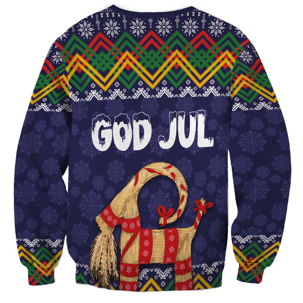Dark blue Christmas sweatshirt with geometric folk bands and 'God Jul' goat graphic