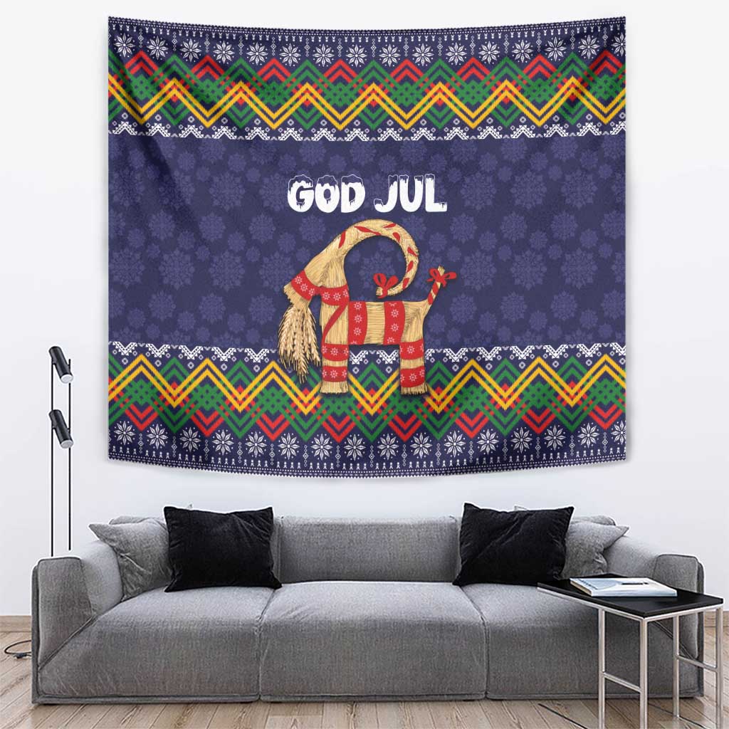 Dark blue Christmas tapestry with Nordic border, 'GOD JUL' and goat figure