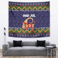 Dark blue Christmas tapestry with Nordic border, 'GOD JUL' and goat figure