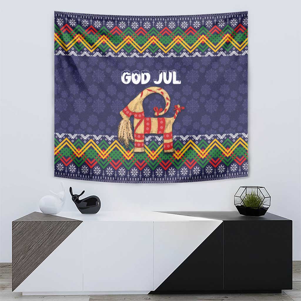 Dark blue Christmas tapestry featuring 'GOD JUL' text and goat in folk outfit