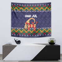 Dark blue Christmas tapestry featuring 'GOD JUL' text and goat in folk outfit