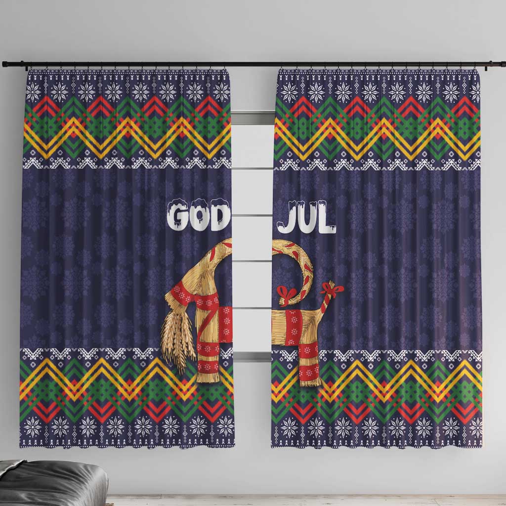 Dark blue Christmas window curtain pair with Nordic folk chevron and goat graphic, “God Jul”.