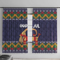 Dark blue Christmas window curtain pair with Nordic folk chevron and goat graphic, “God Jul”.