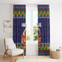 Dark blue Christmas curtain pair with “God Jul” and goat motif, Nordic folk pattern hem.