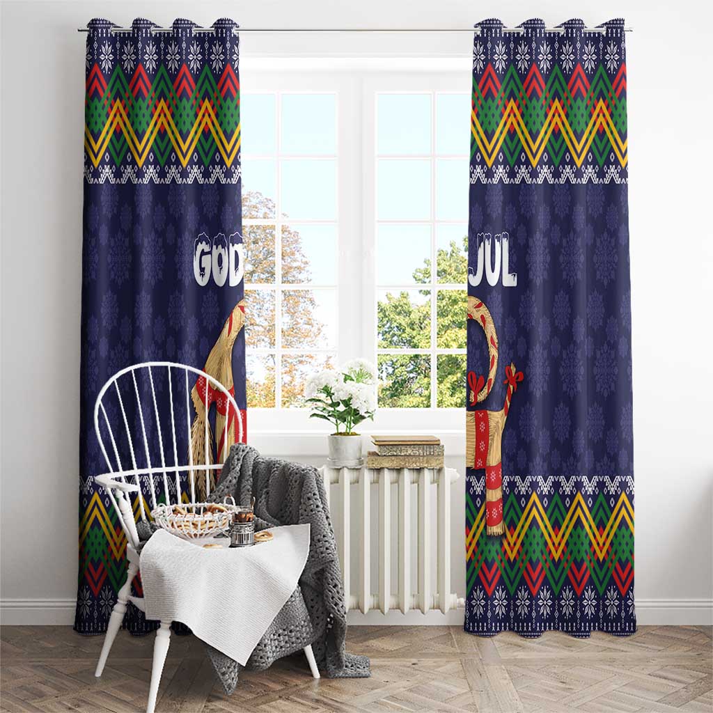 Dark blue Christmas window curtains with “God Jul” and goat graphic, Nordic zigzag top border.