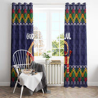 Dark blue Christmas window curtains with “God Jul” and goat graphic, Nordic zigzag top border.