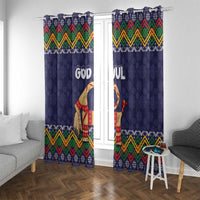 Dark blue Christmas curtains with Nordic chevron and “God Jul” goat figure, hanging on doorway window.