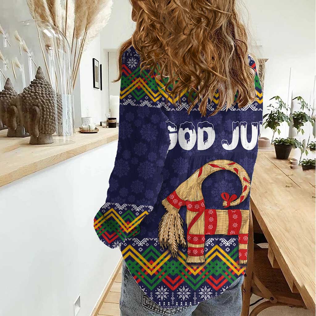 Scandinavian Yule Goat Christmas Women Casual Shirt with Scandinavian Folk Pattern Style