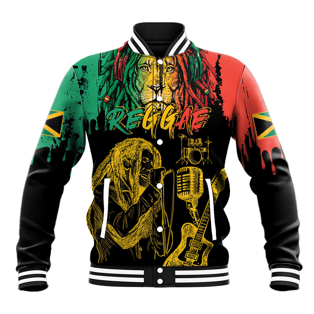 Black unisex baseball jacket with lion, reggae text, snap buttons, striped ribbed cuffs