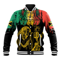 Black unisex baseball jacket with lion, reggae text, snap buttons, striped ribbed cuffs