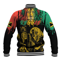 Black unisex baseball jacket with reggae lion and microphone graphic, striped ribbed collar