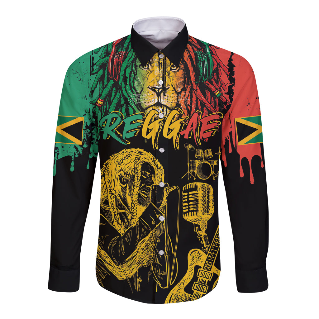 Black long-sleeve button shirt with reggae lion and Rastafarian graphic front