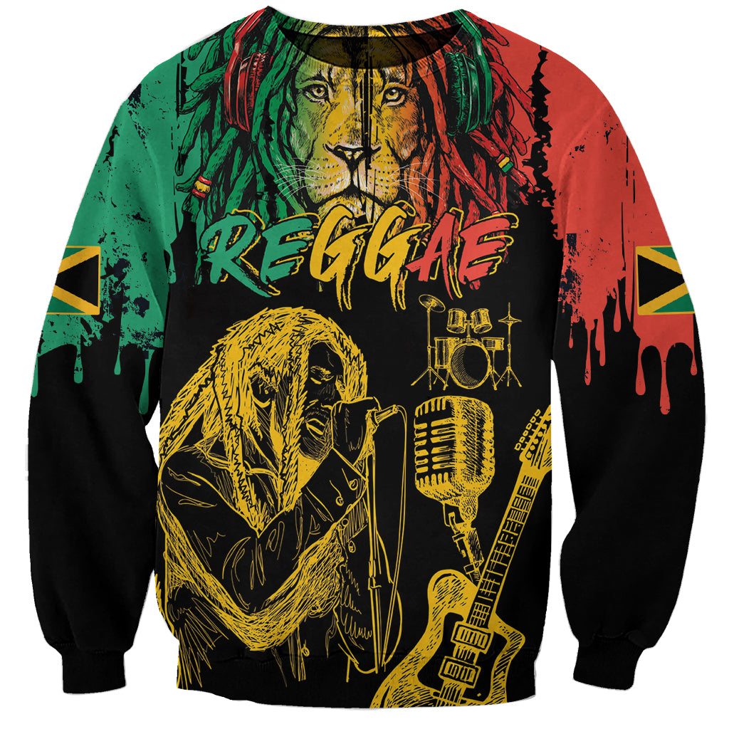 Unisex black sweatshirt with colorful reggae lion, guitar, and microphone graphic