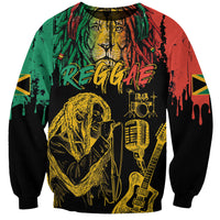 Unisex black sweatshirt with colorful reggae lion, guitar, and microphone graphic