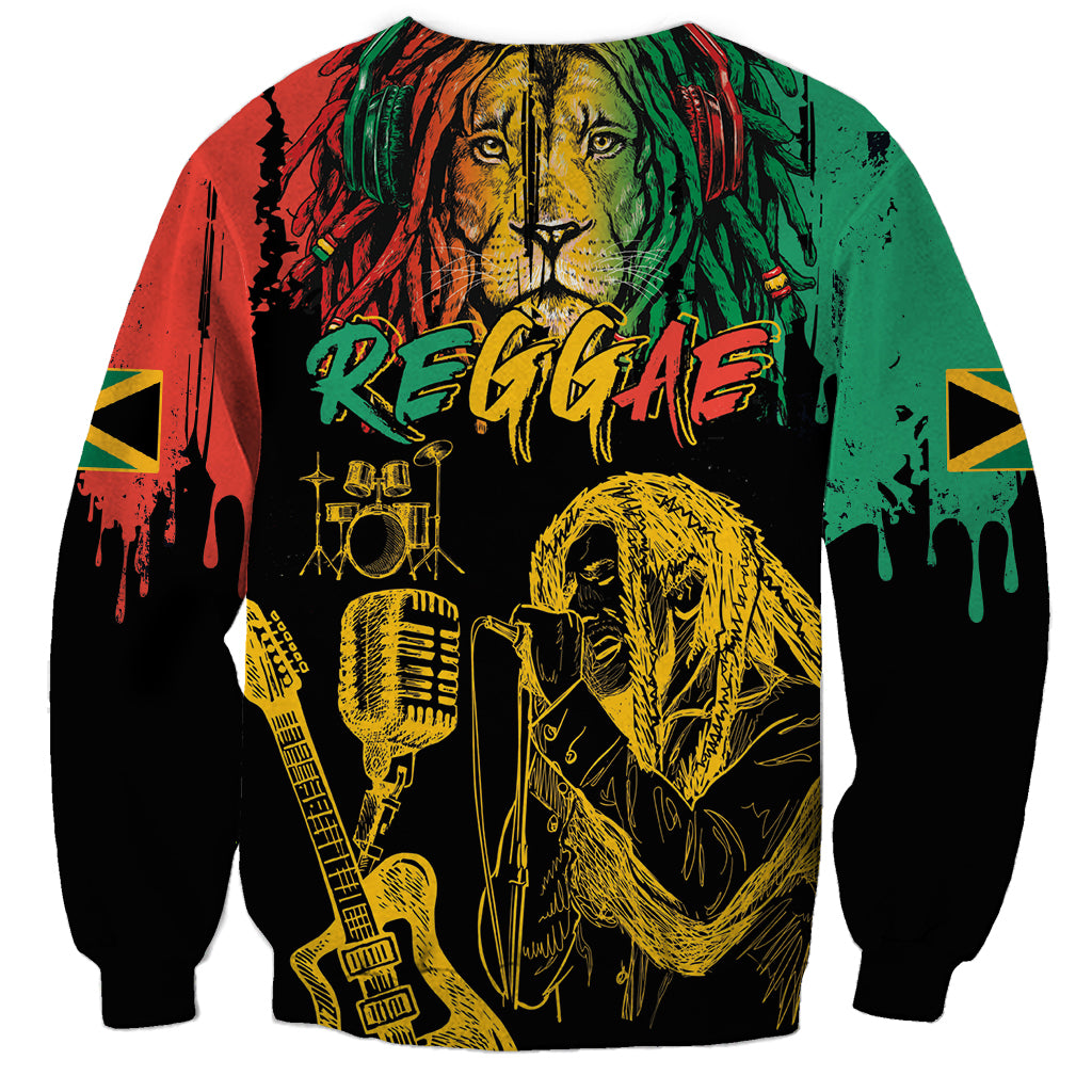 Unisex black sweatshirt with reggae lion and red-green splash art, guitar and mic graphic