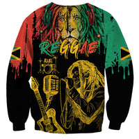 Unisex black sweatshirt with reggae lion and red-green splash art, guitar and mic graphic