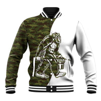 Green camouflage baseball jacket with Bigfoot graphic, striped rib collar and snap buttons.