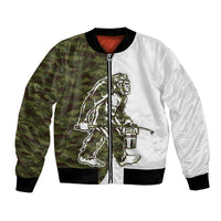 Two-tone bomber jacket with green camo and Bigfoot graphic, ribbed collar & cuffs