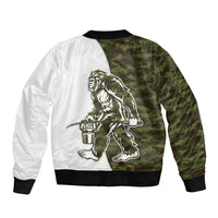 Two-tone bomber jacket with Bigfoot graphic, green camo body and white sleeves
