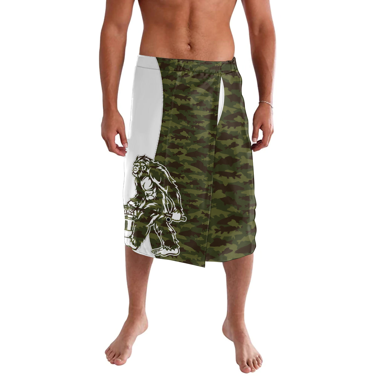 Camouflage green lavalava skirt with Bigfoot front graphic panel and light inner lining