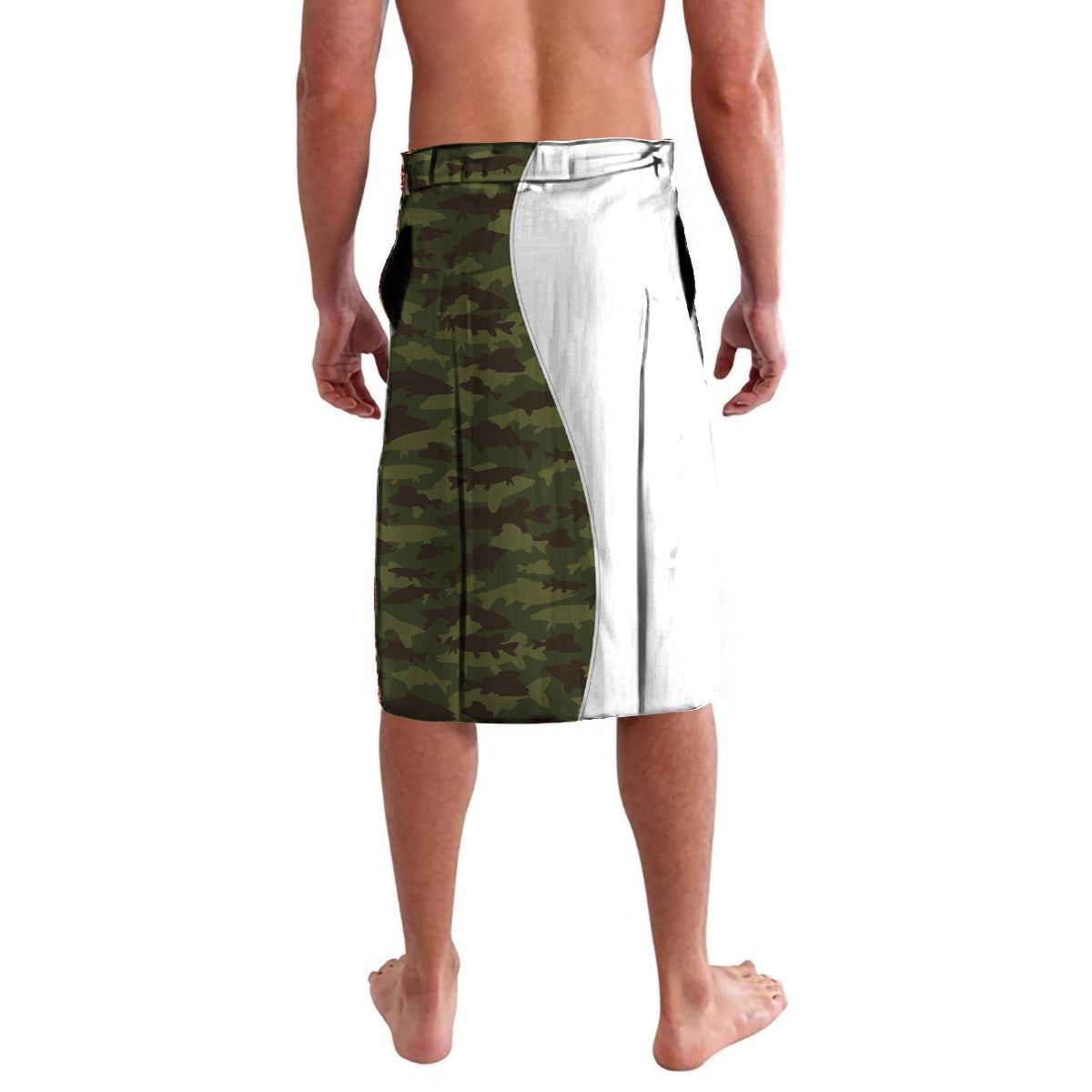 Green camouflage lavalava skirt with contrasting white inner panel on the side