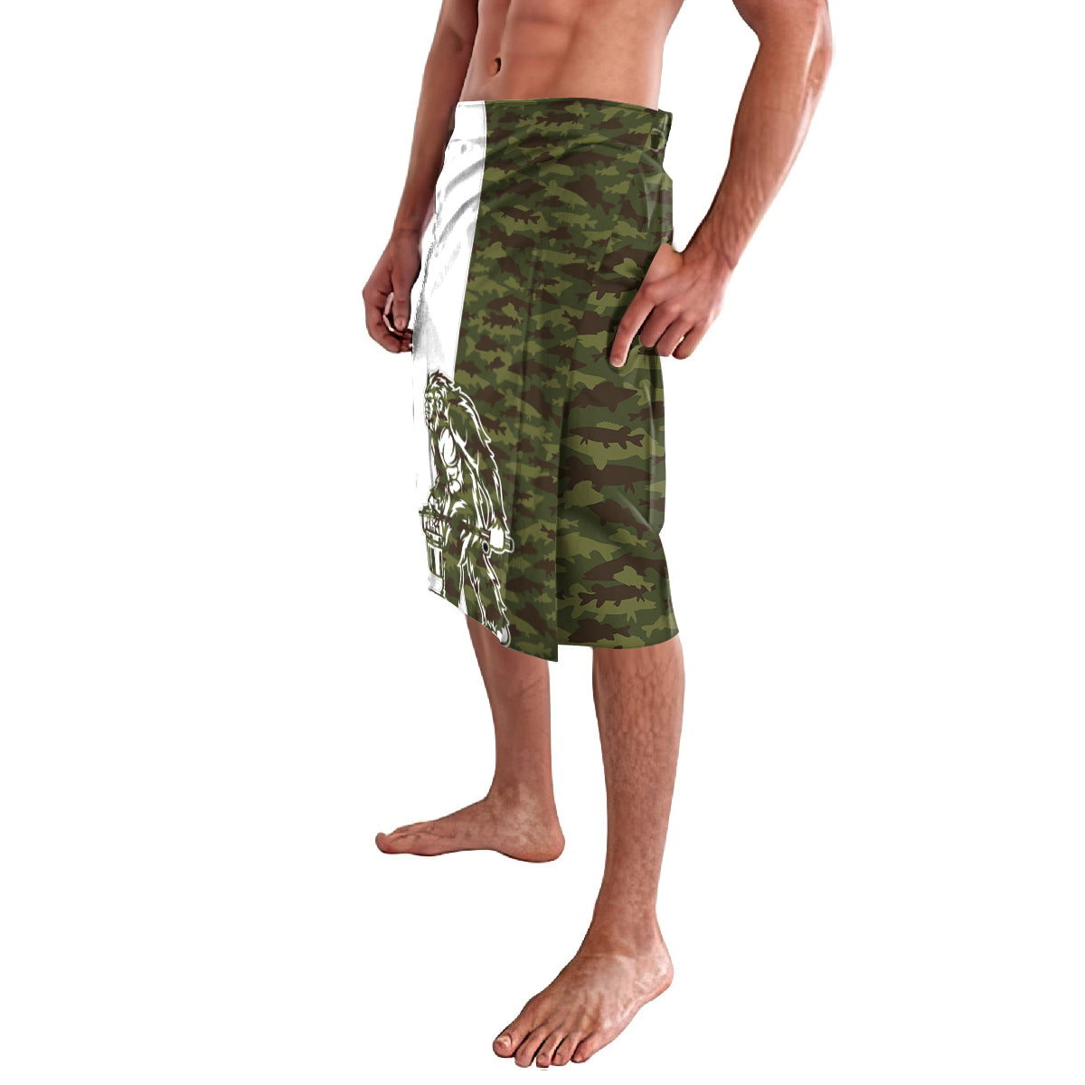Camouflage green lavalava skirt with Bigfoot print on the front and white inner lining
